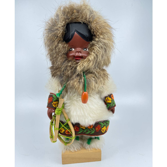 Vintag Other - Vintage Alaskan Eskimo Doll in Real Fur Hooded Jacket with Snowshoes 10" Tall